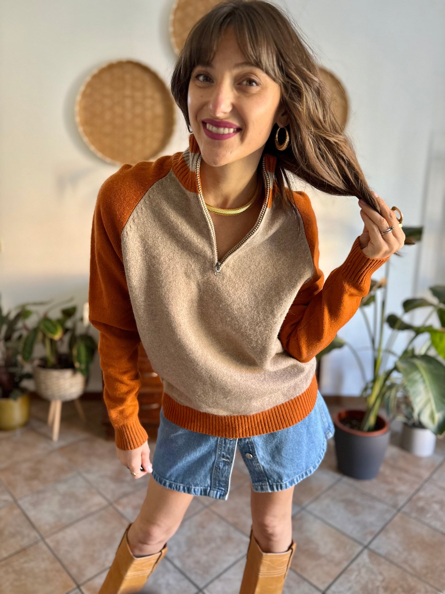 1990's vintage beige and dark orange wool half zip mock neck pullover