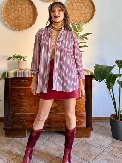 1990's vintage burgundy, blue, grey and white vertical stripe oversize shirt