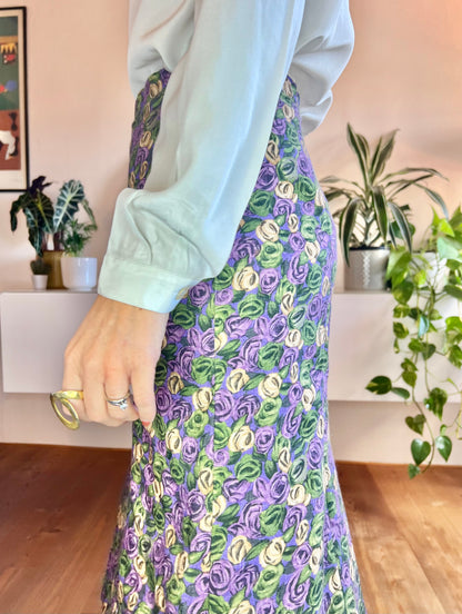 1970's vintage purple and green floral print bell midi skirt