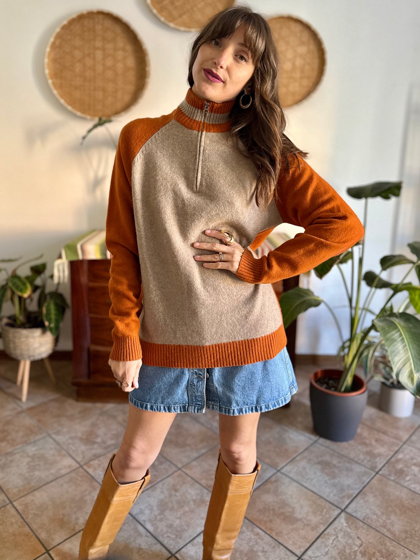1990's vintage beige and dark orange wool half zip mock neck pullover