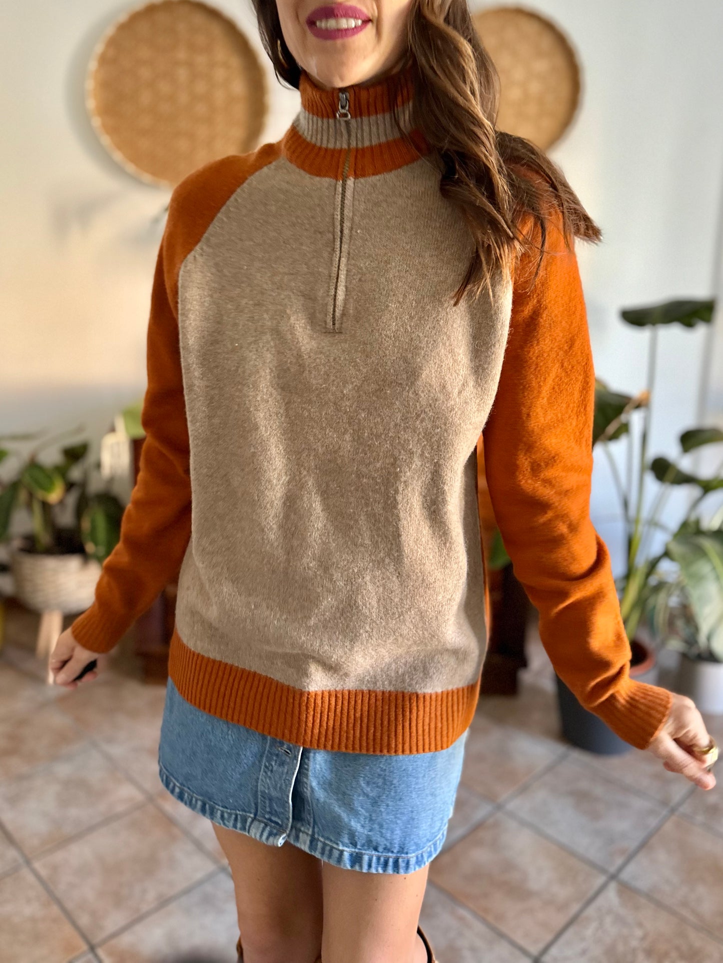 1990's vintage beige and dark orange wool half zip mock neck pullover