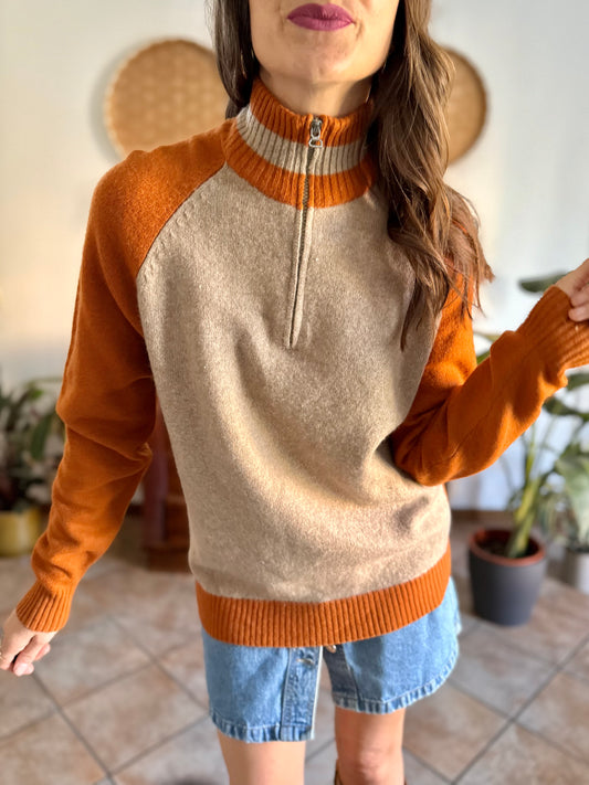 1990's vintage beige and dark orange wool half zip mock neck pullover