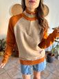 1990's vintage beige and dark orange wool half zip mock neck pullover