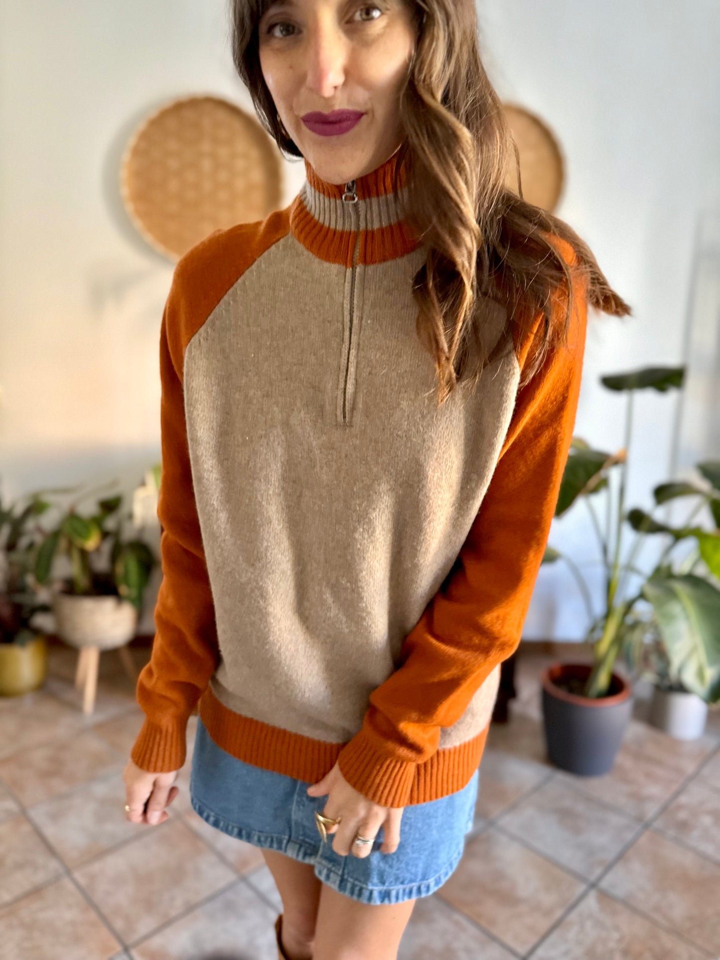 1990's vintage beige and dark orange wool half zip mock neck pullover