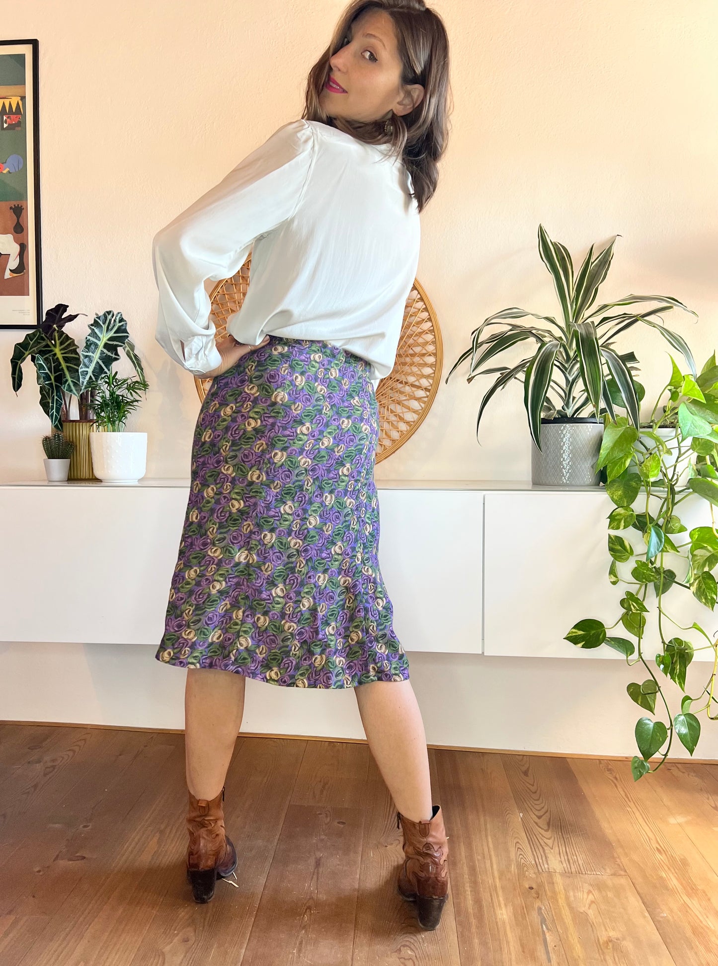 1970's vintage purple and green floral print bell midi skirt