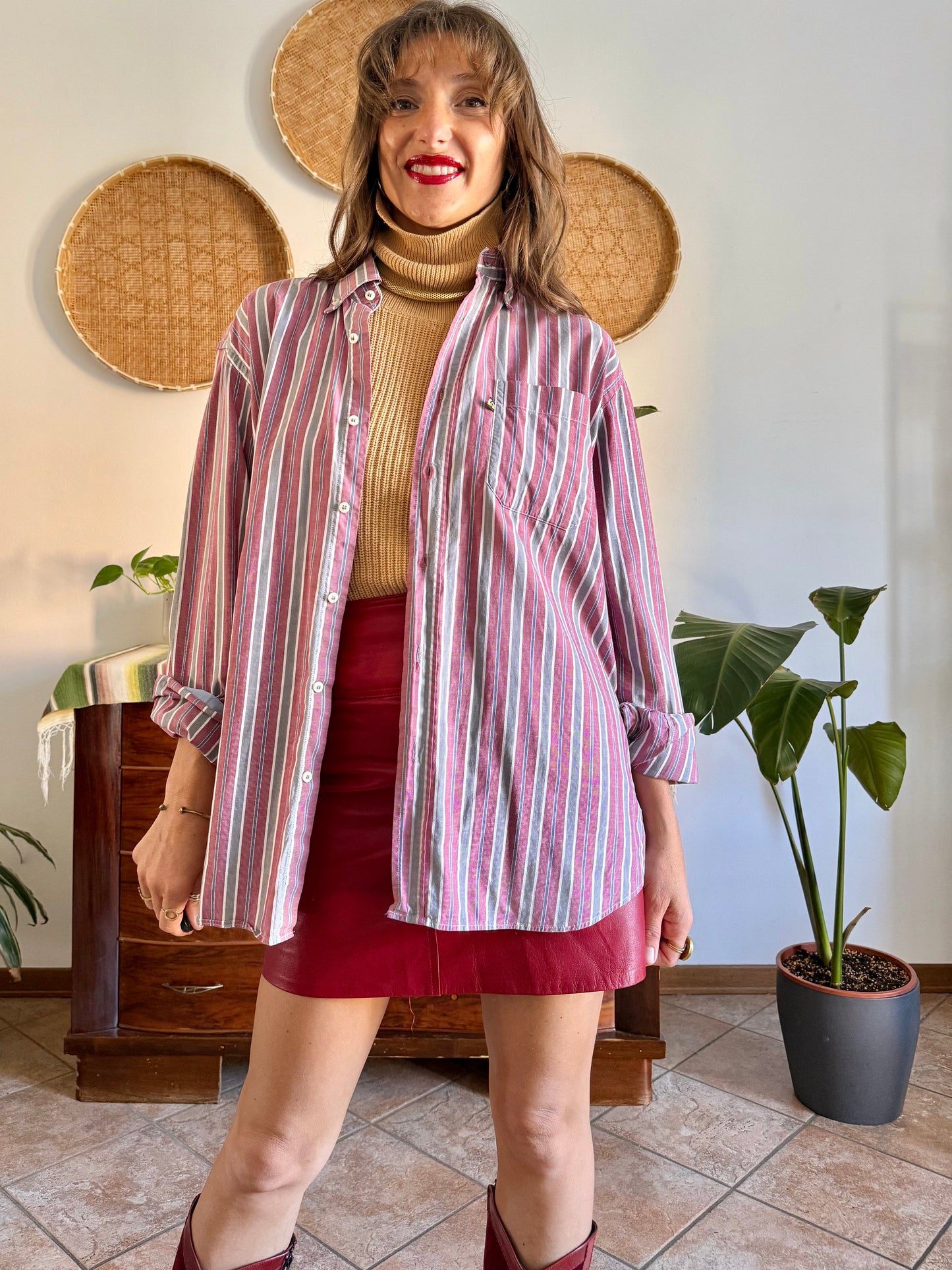 1990's vintage burgundy, blue, grey and white vertical stripe oversize shirt