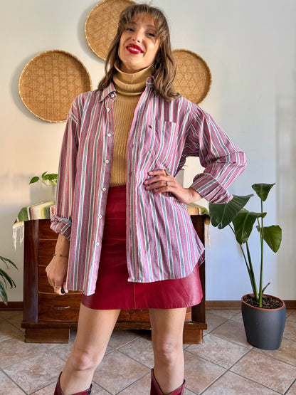 1990's vintage burgundy, blue, grey and white vertical stripe oversize shirt