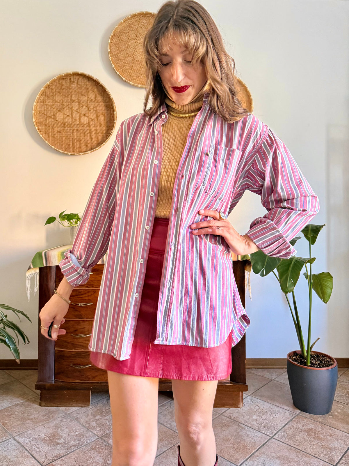 1990's vintage burgundy, blue, grey and white vertical stripe oversize shirt