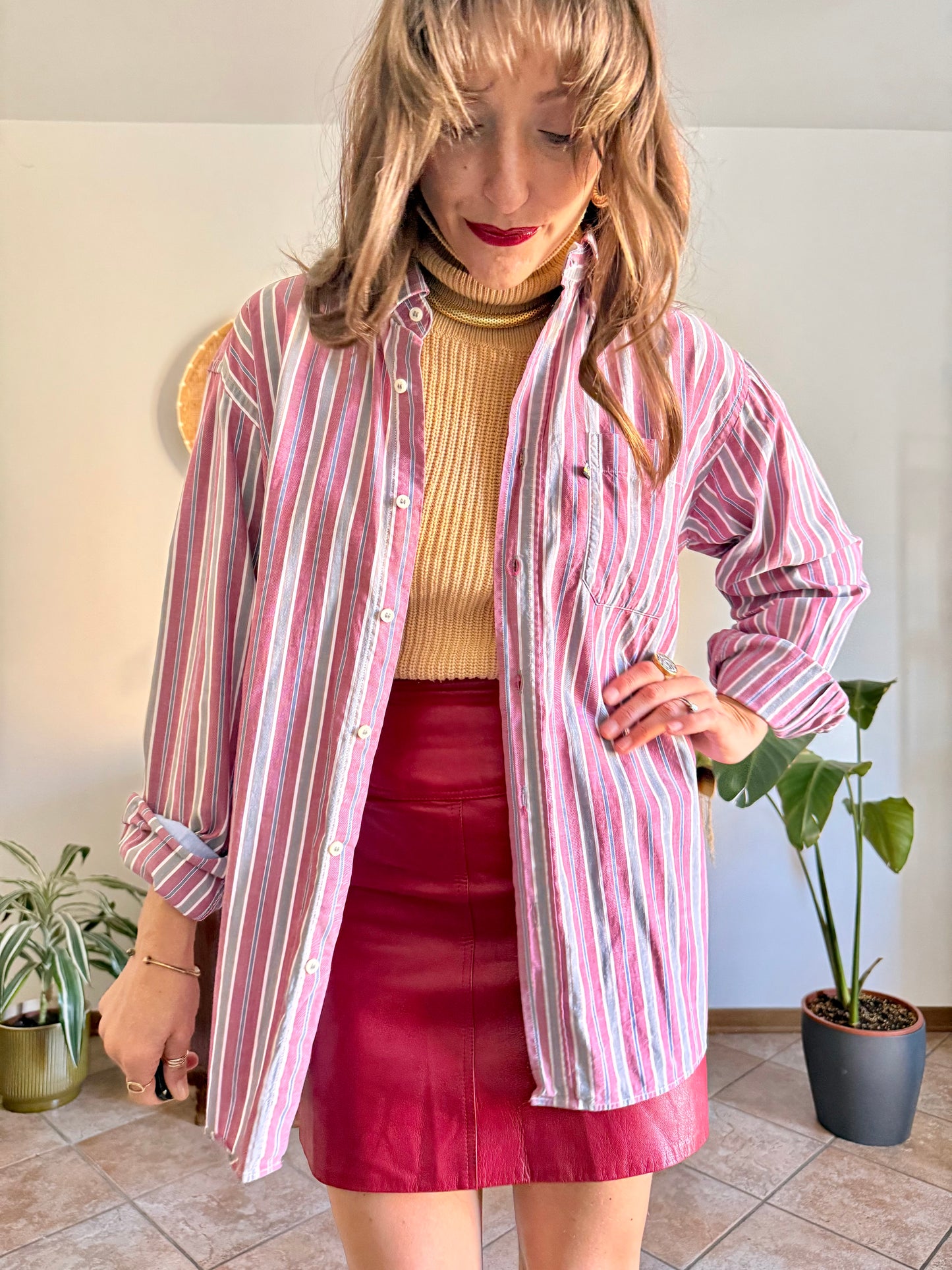 1990's vintage burgundy, blue, grey and white vertical stripe oversize shirt
