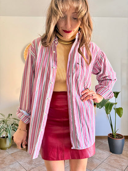 1990's vintage burgundy, blue, grey and white vertical stripe oversize shirt
