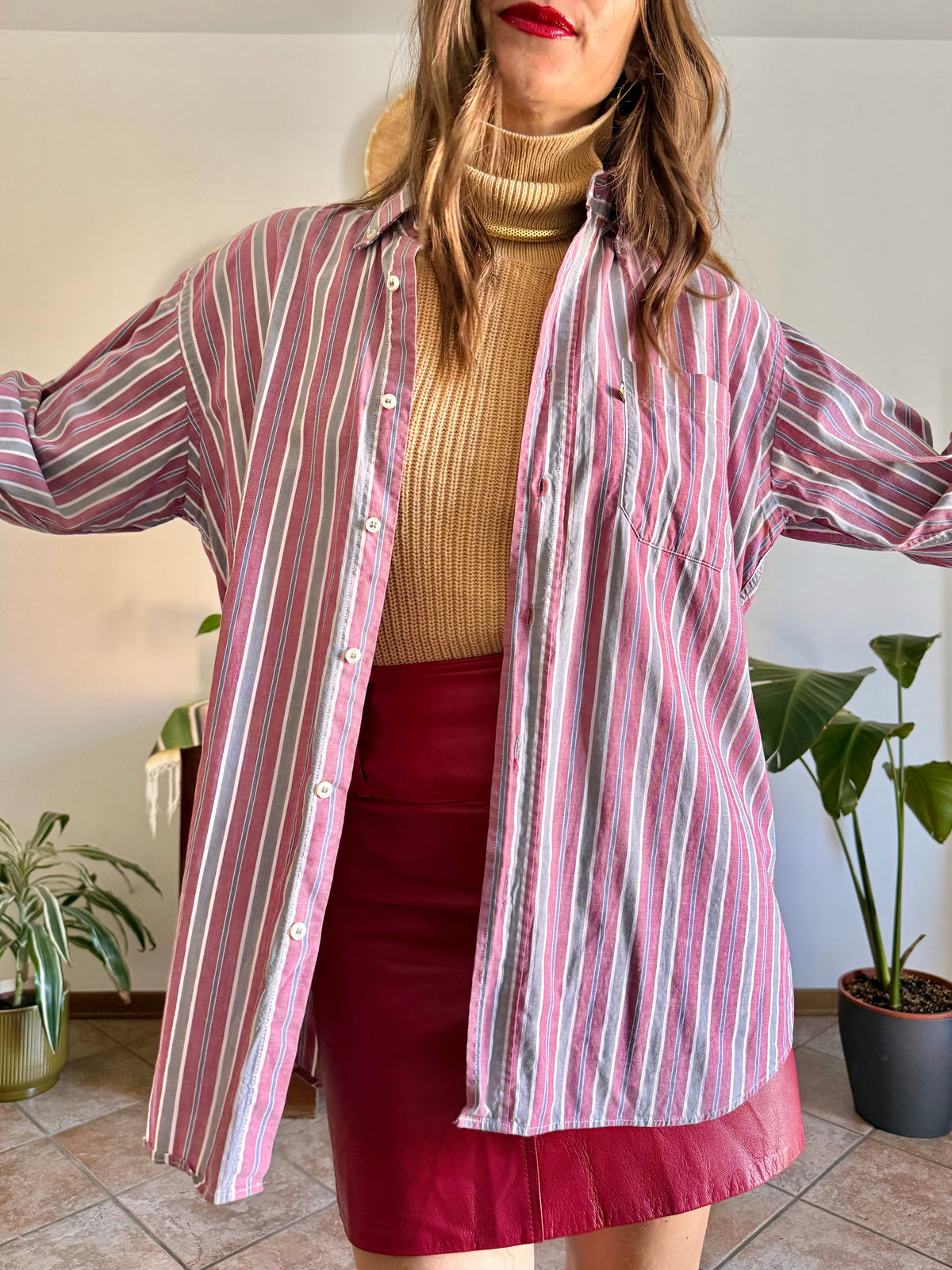 1990's vintage burgundy, blue, grey and white vertical stripe oversize shirt