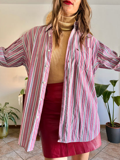1990's vintage burgundy, blue, grey and white vertical stripe oversize shirt