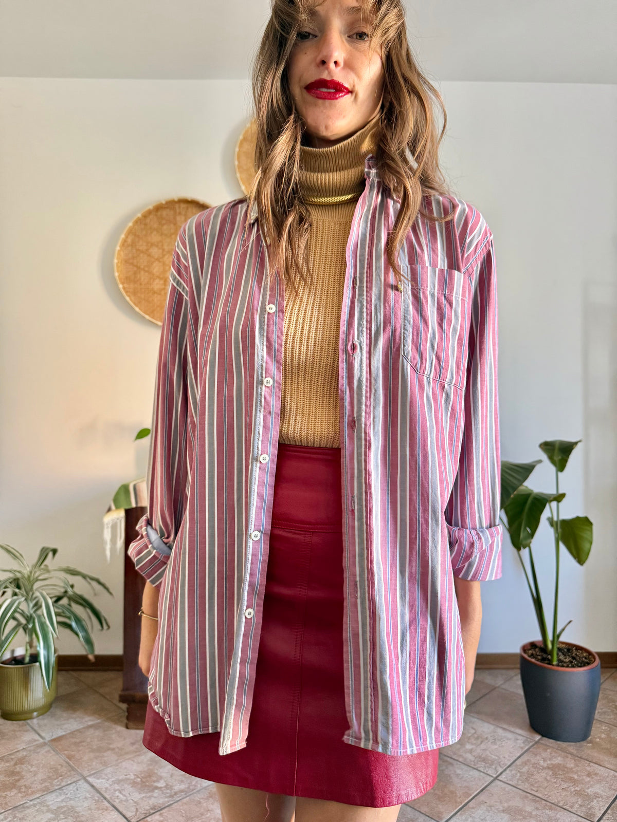 1990's vintage burgundy, blue, grey and white vertical stripe oversize shirt