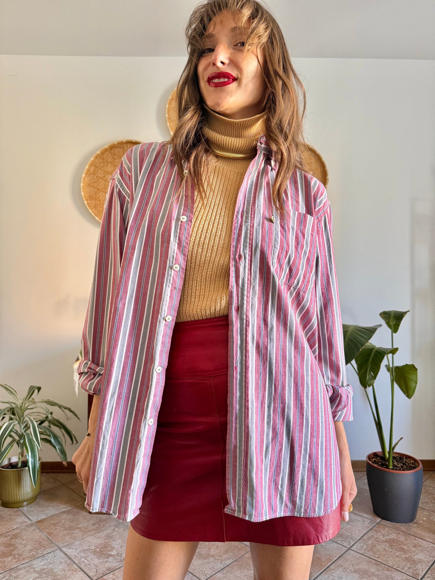 1990's vintage burgundy, blue, grey and white vertical stripe oversize shirt