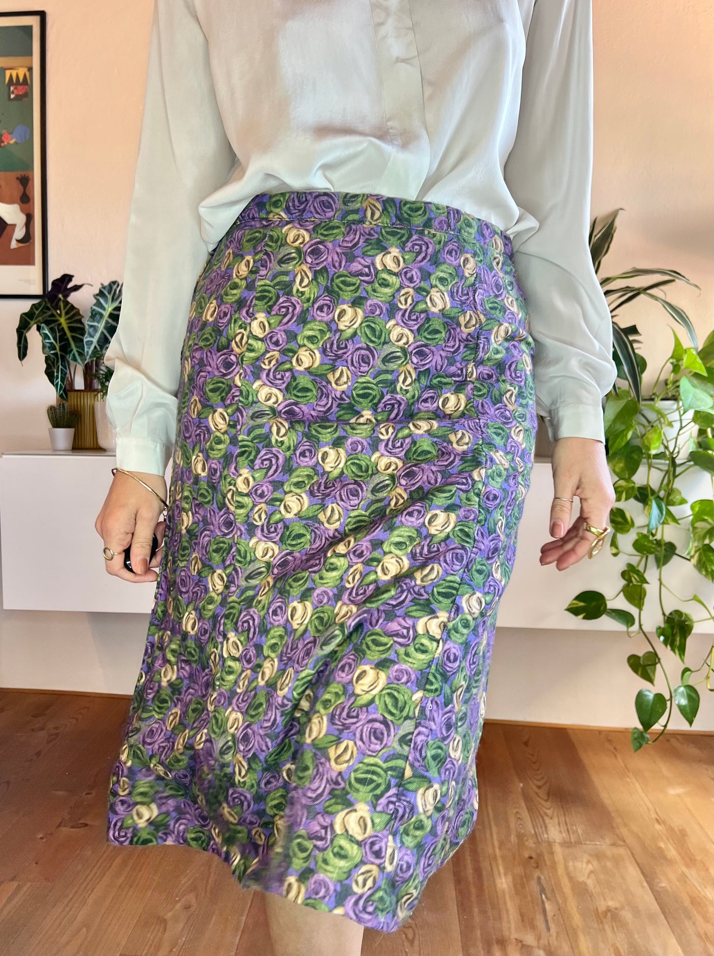 1970's vintage purple and green floral print bell midi skirt