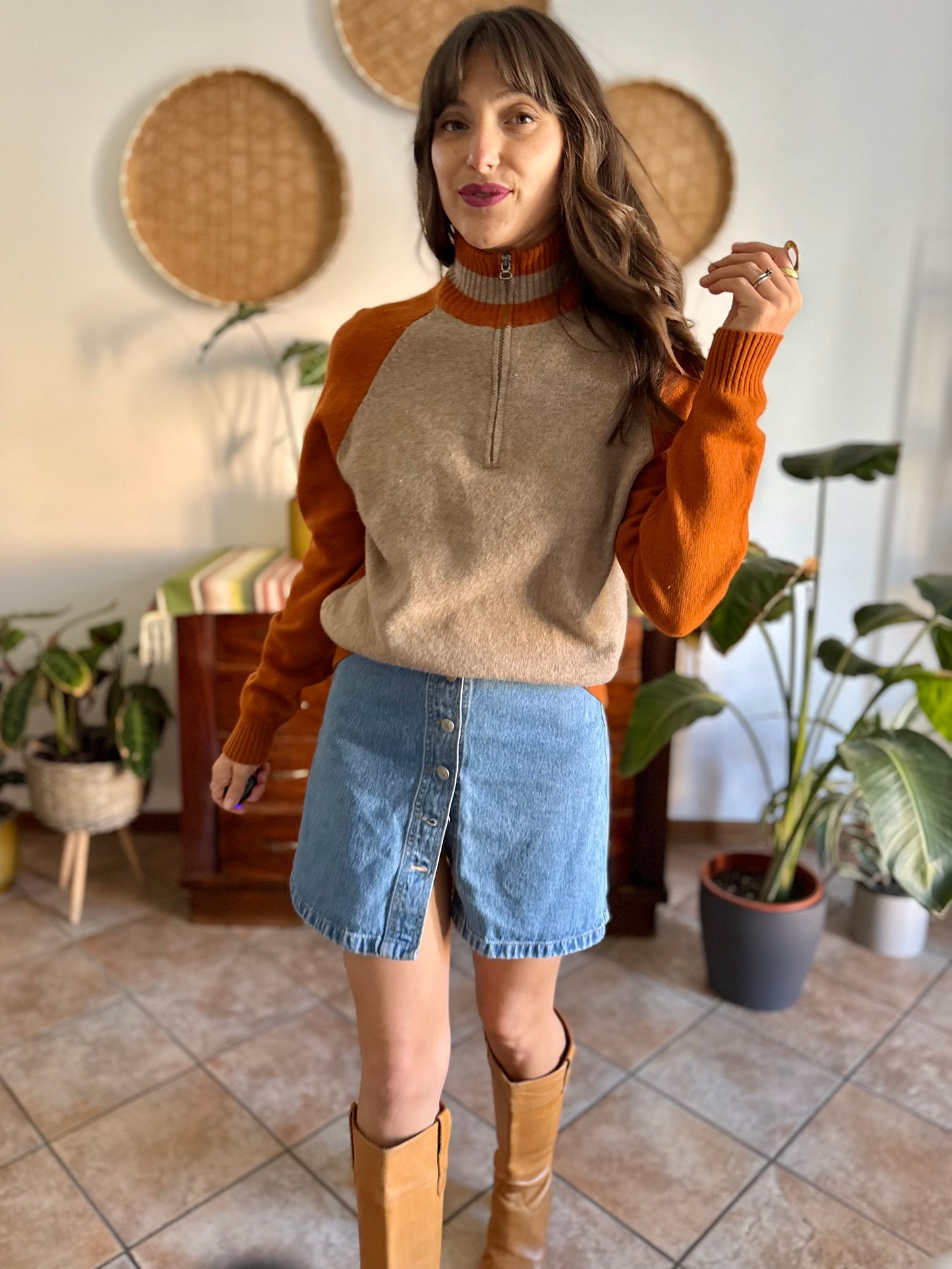 1990's vintage beige and dark orange wool half zip mock neck pullover