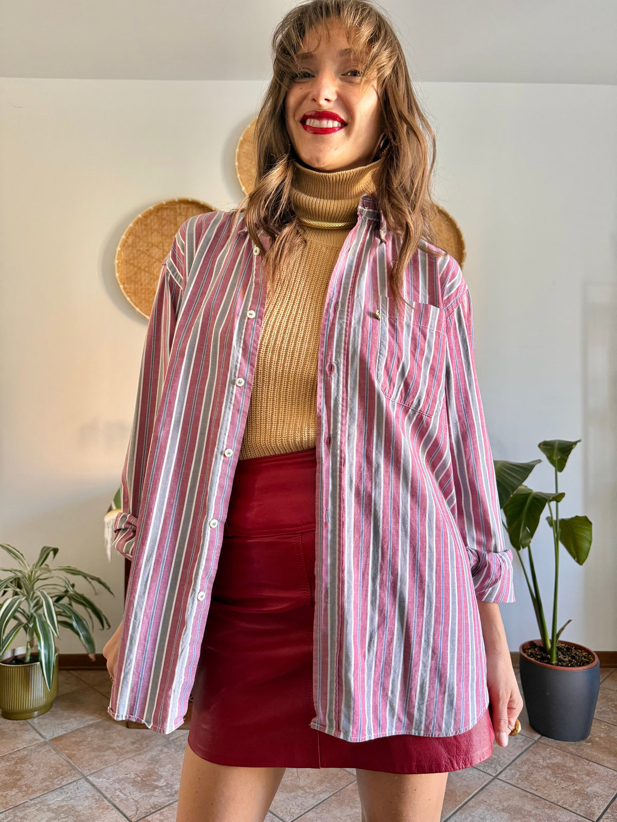 1990's vintage burgundy, blue, grey and white vertical stripe oversize shirt