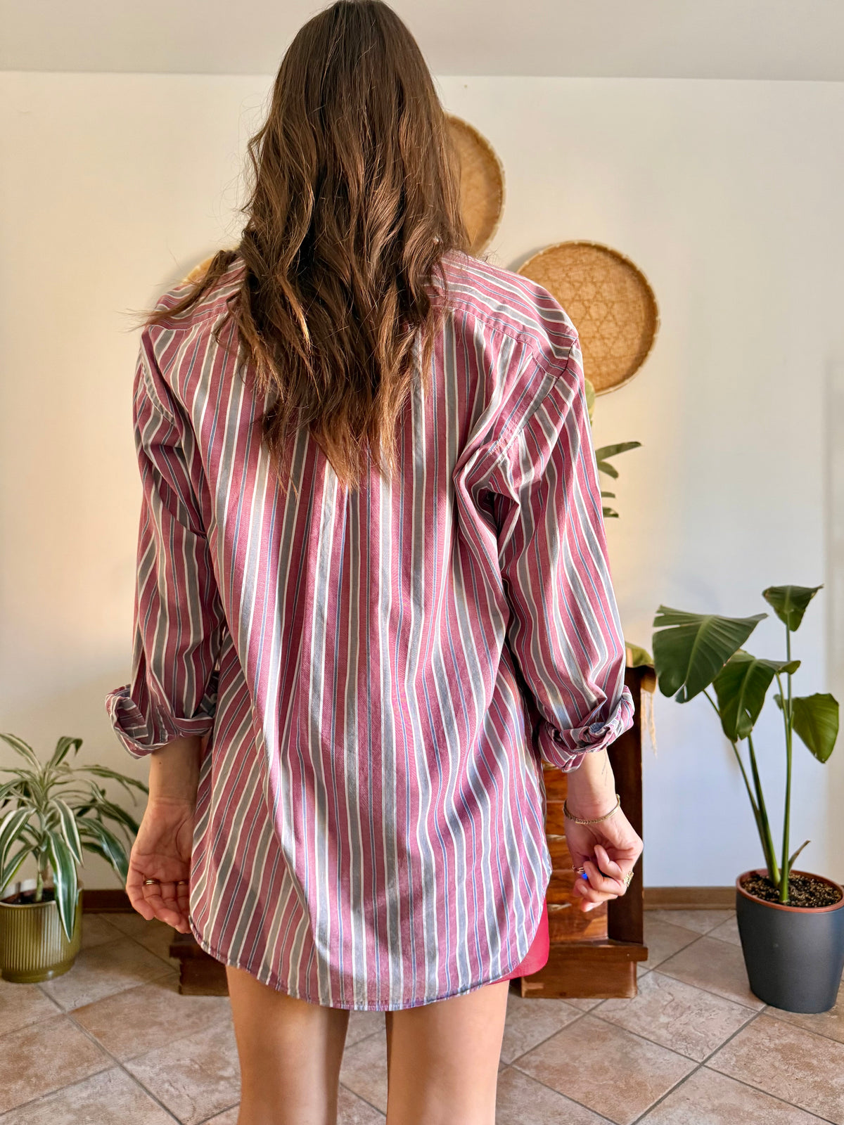 1990's vintage burgundy, blue, grey and white vertical stripe oversize shirt