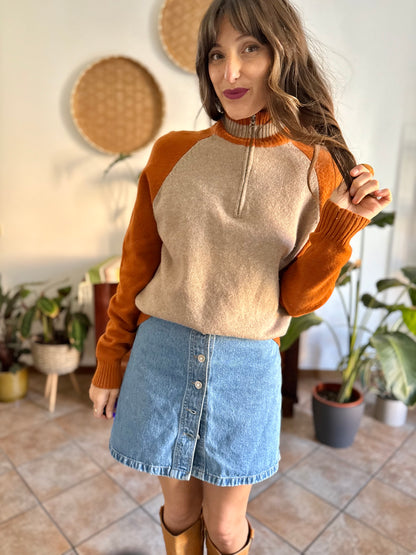 1990's vintage beige and dark orange wool half zip mock neck pullover