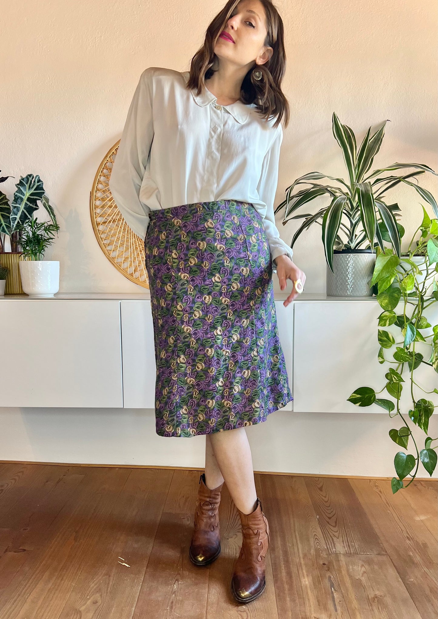 1970's vintage purple and green floral print bell midi skirt