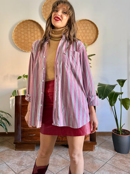 1990's vintage burgundy, blue, grey and white vertical stripe oversize shirt