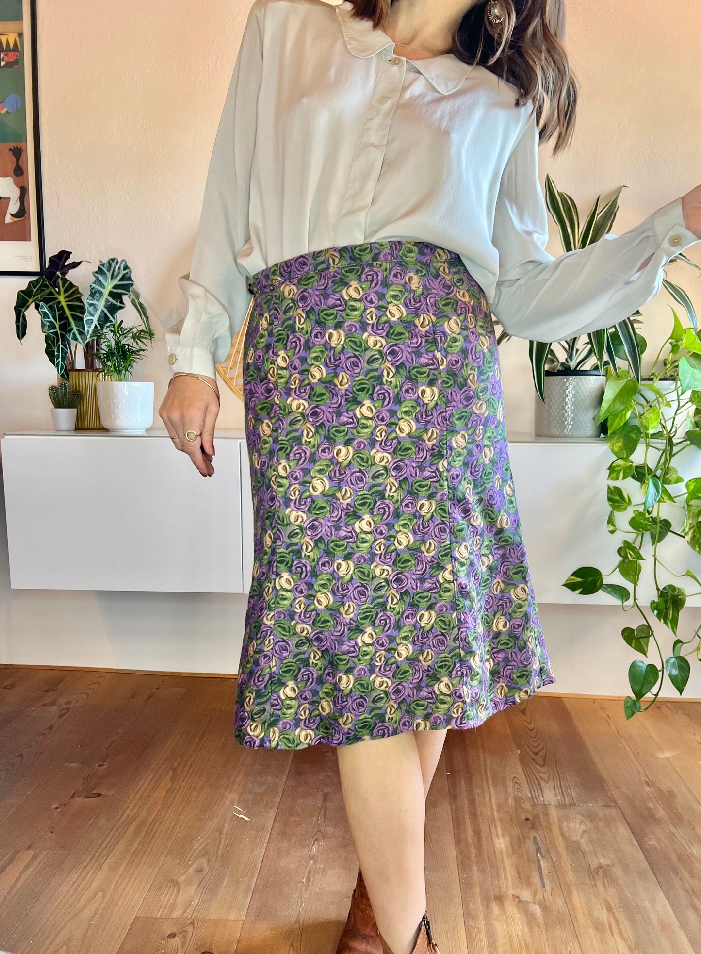 1970's vintage purple and green floral print bell midi skirt