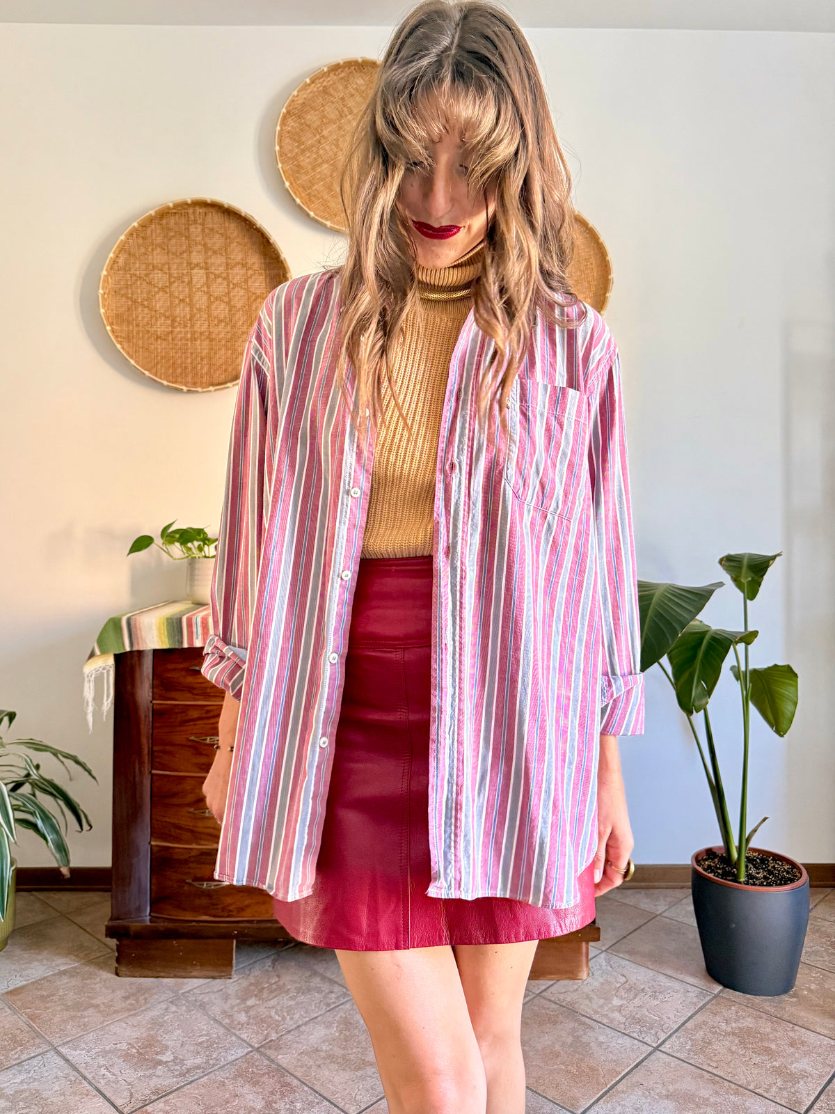 1990's vintage burgundy, blue, grey and white vertical stripe oversize shirt