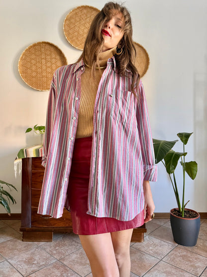 1990's vintage burgundy, blue, grey and white vertical stripe oversize shirt