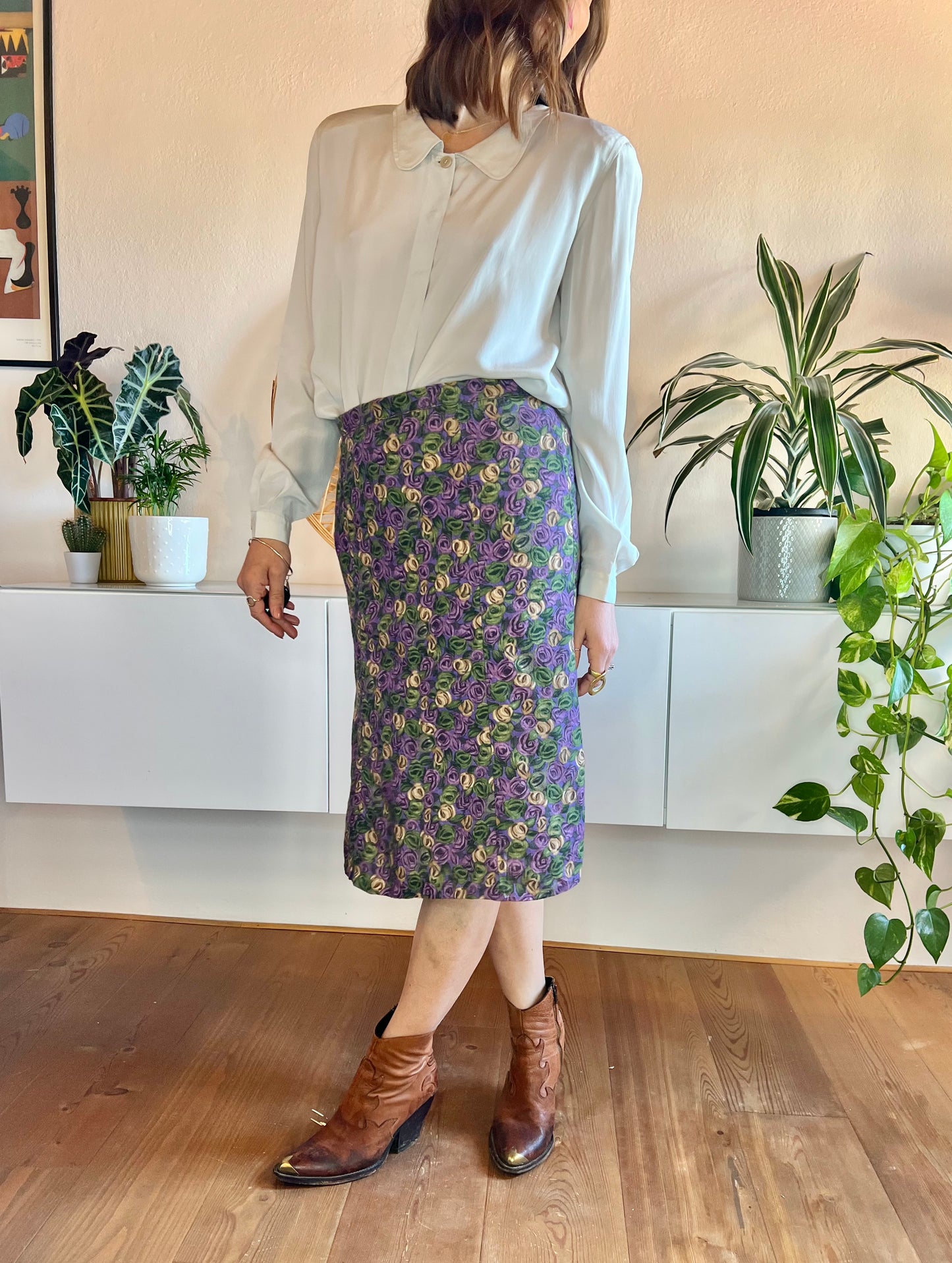 1970's vintage purple and green floral print bell midi skirt