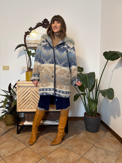 1990's vintage blue and tan Aztec pattern wool coat