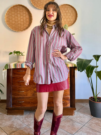 1990's vintage burgundy, blue, grey and white vertical stripe oversize shirt