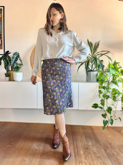 1970's vintage purple and green floral print bell midi skirt