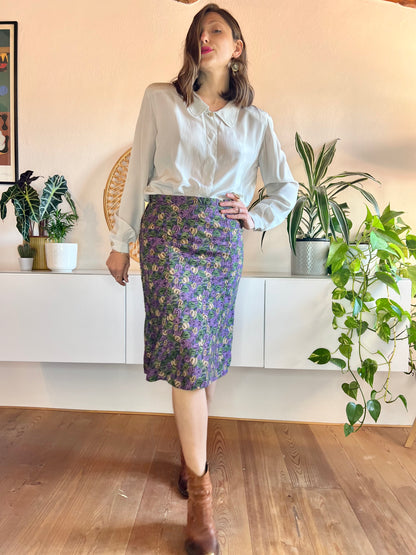 1970's vintage purple and green floral print bell midi skirt