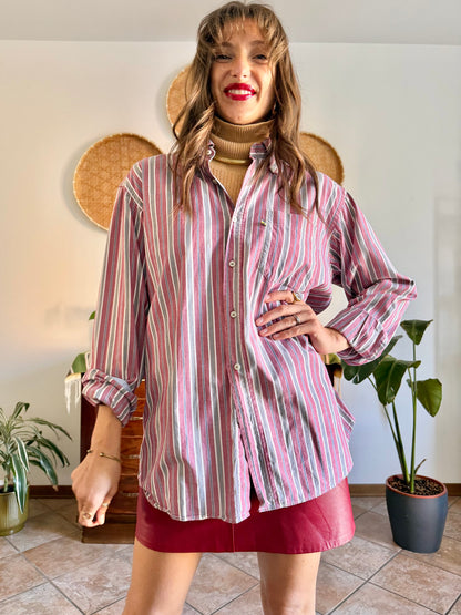 1990's vintage burgundy, blue, grey and white vertical stripe oversize shirt