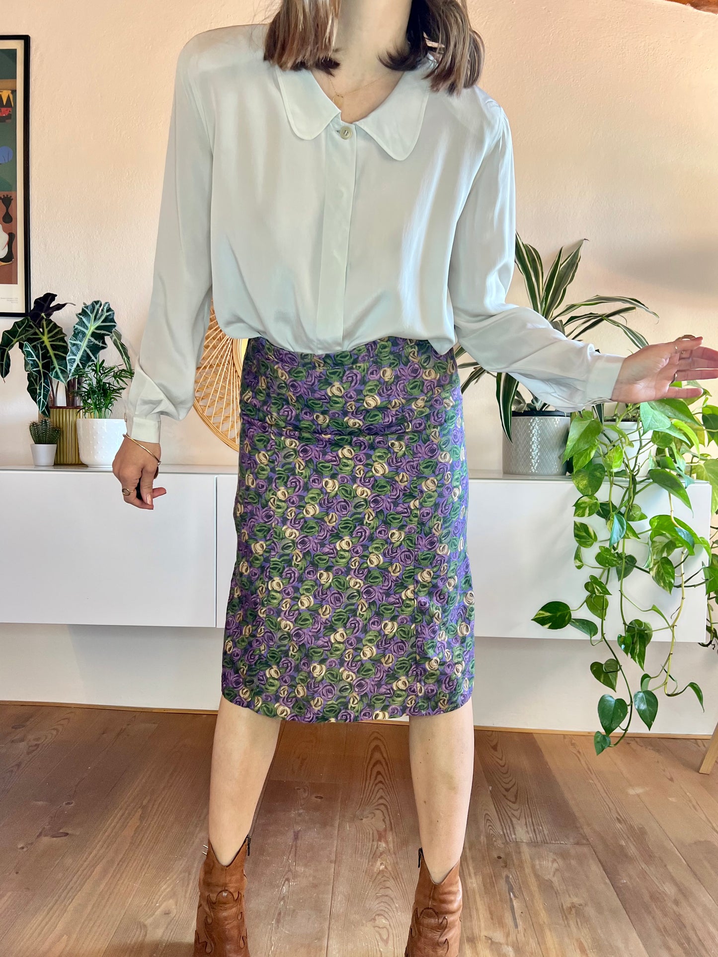 1970's vintage purple and green floral print bell midi skirt