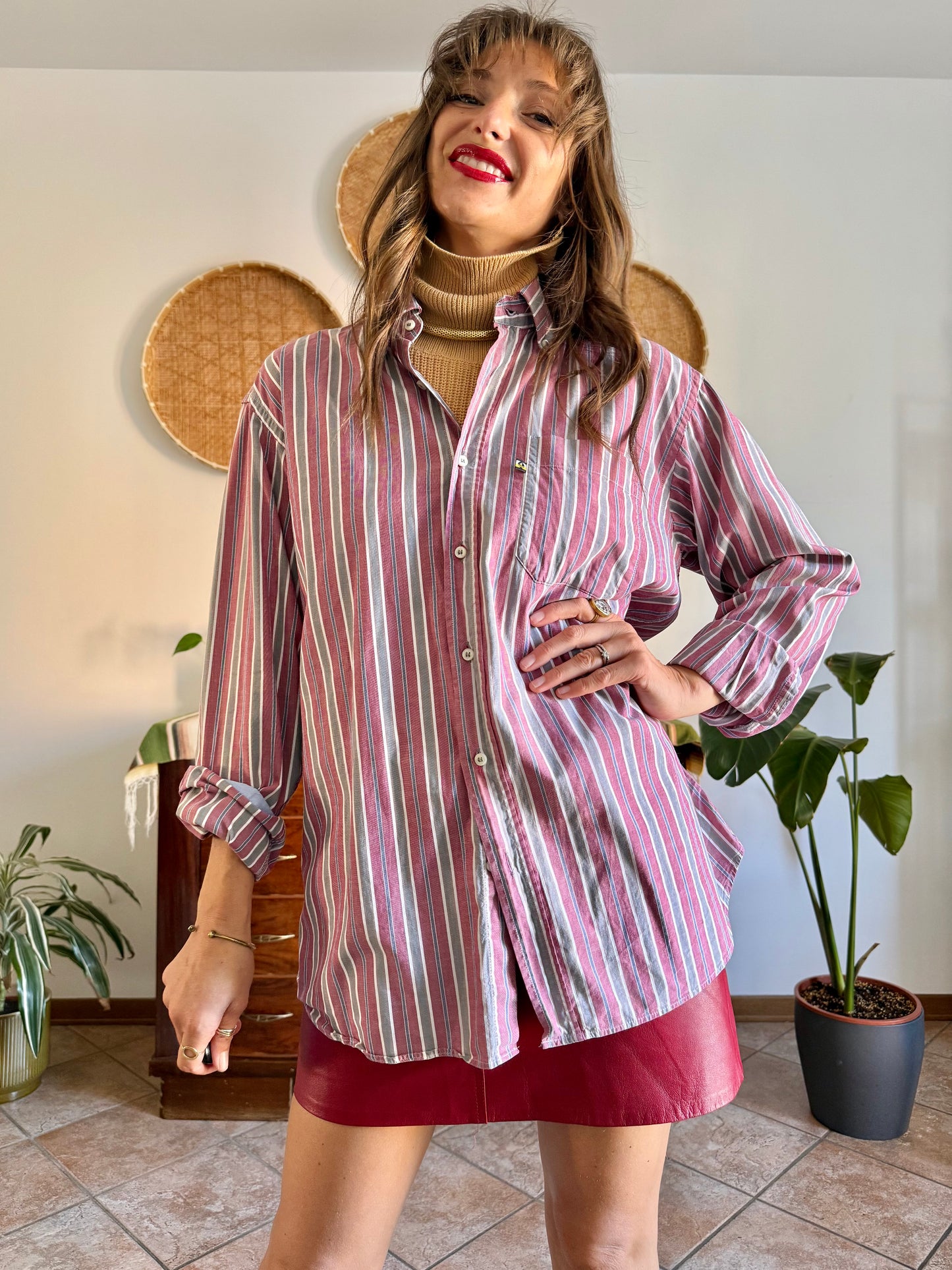1990's vintage burgundy, blue, grey and white vertical stripe oversize shirt