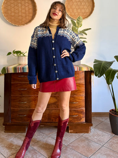 1970's vintage navy blue wool knit cardigan with red and white geometric knit pattern