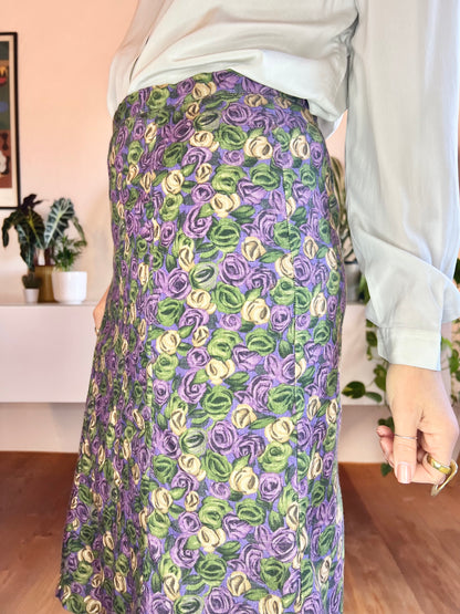 1970's vintage purple and green floral print bell midi skirt