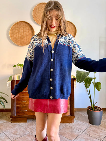 1970's vintage navy blue wool knit cardigan with red and white geometric knit pattern