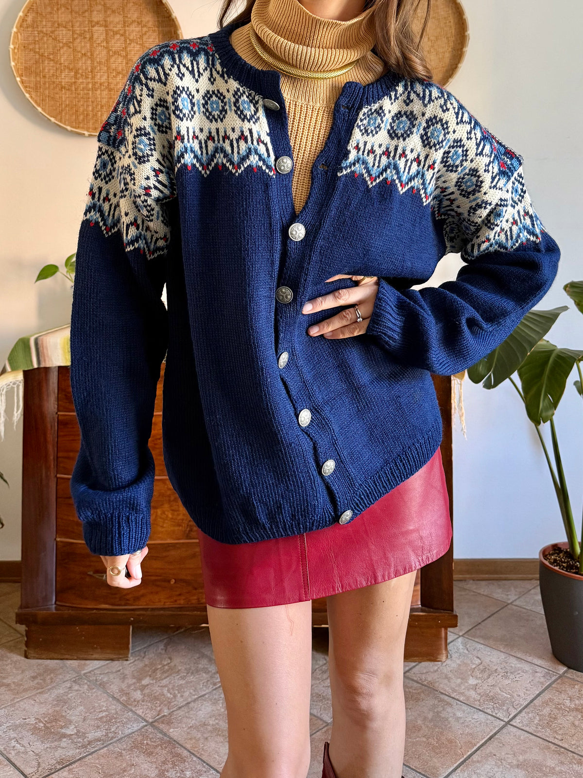 1970's vintage navy blue wool knit cardigan with red and white geometric knit pattern