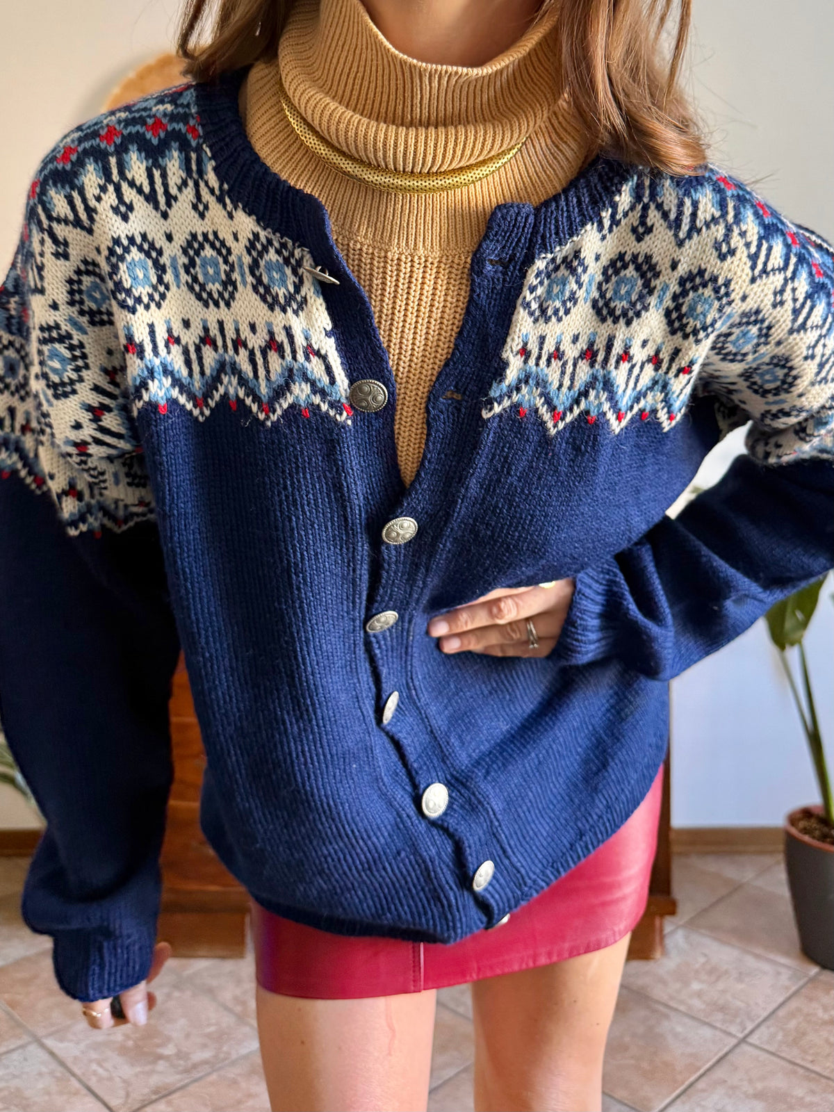 1970's vintage navy blue wool knit cardigan with red and white geometric knit pattern