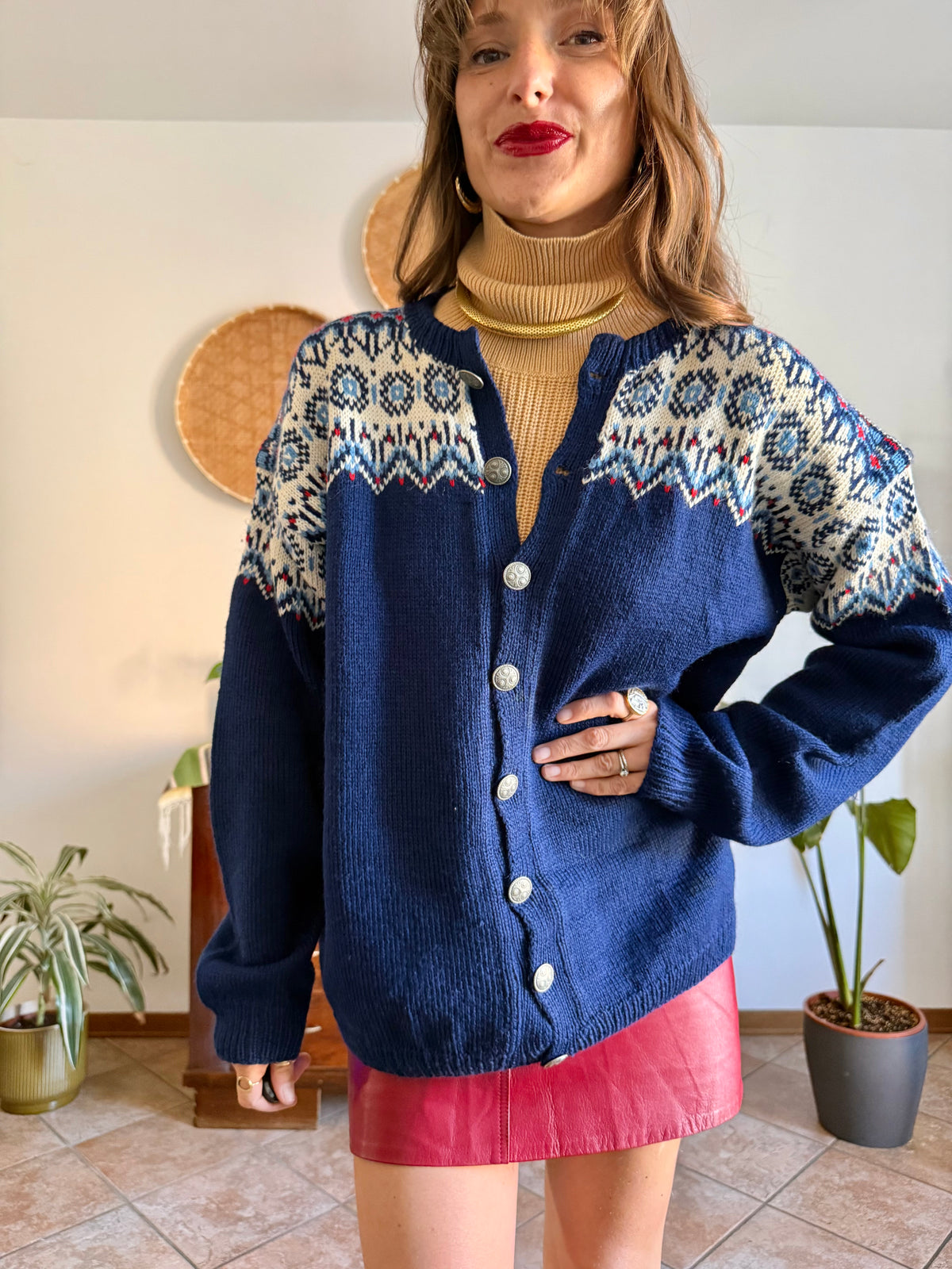 1970's vintage navy blue wool knit cardigan with red and white geometric knit pattern