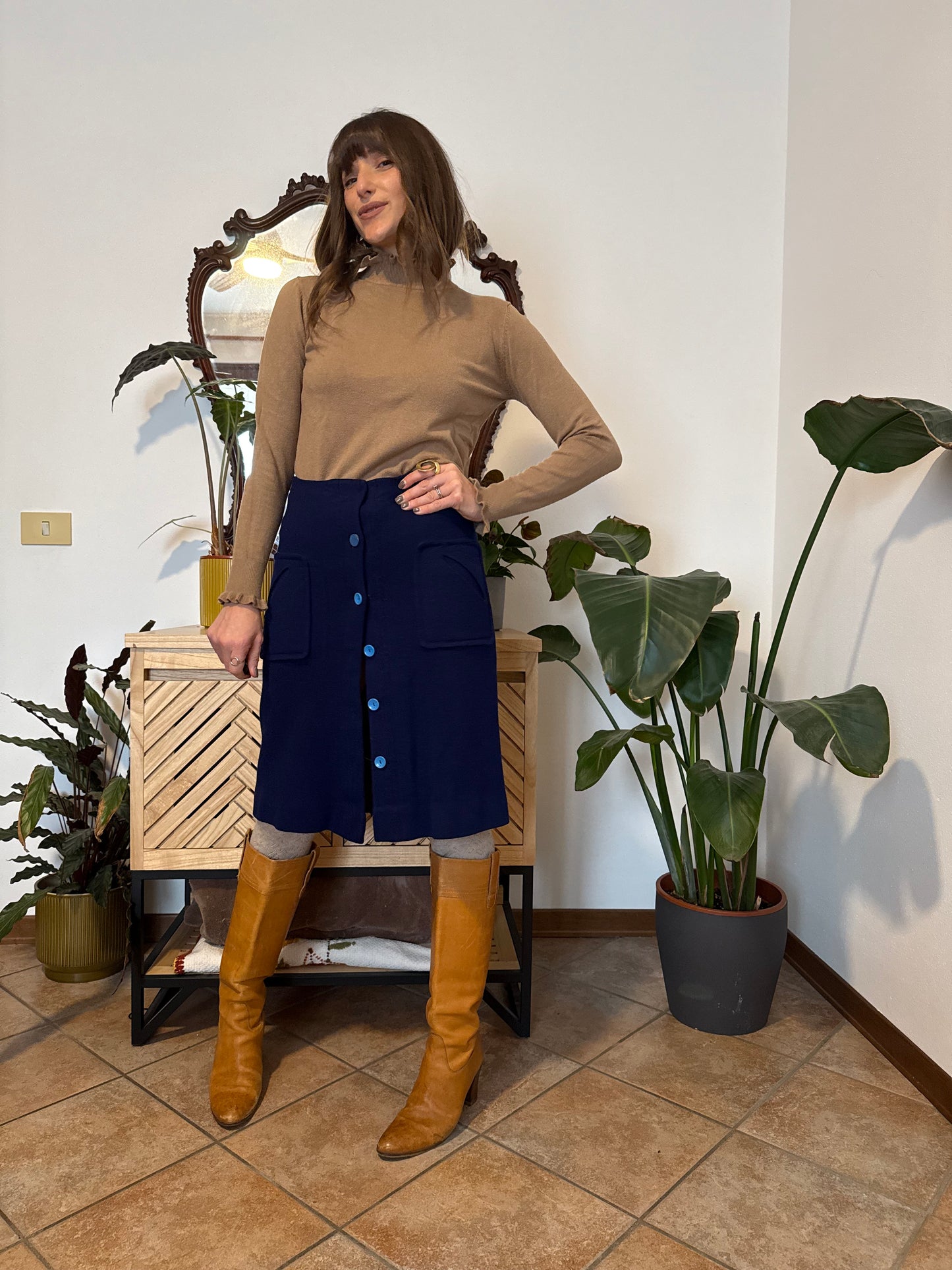 1960's blue knit wool midi skirt with light blue button details