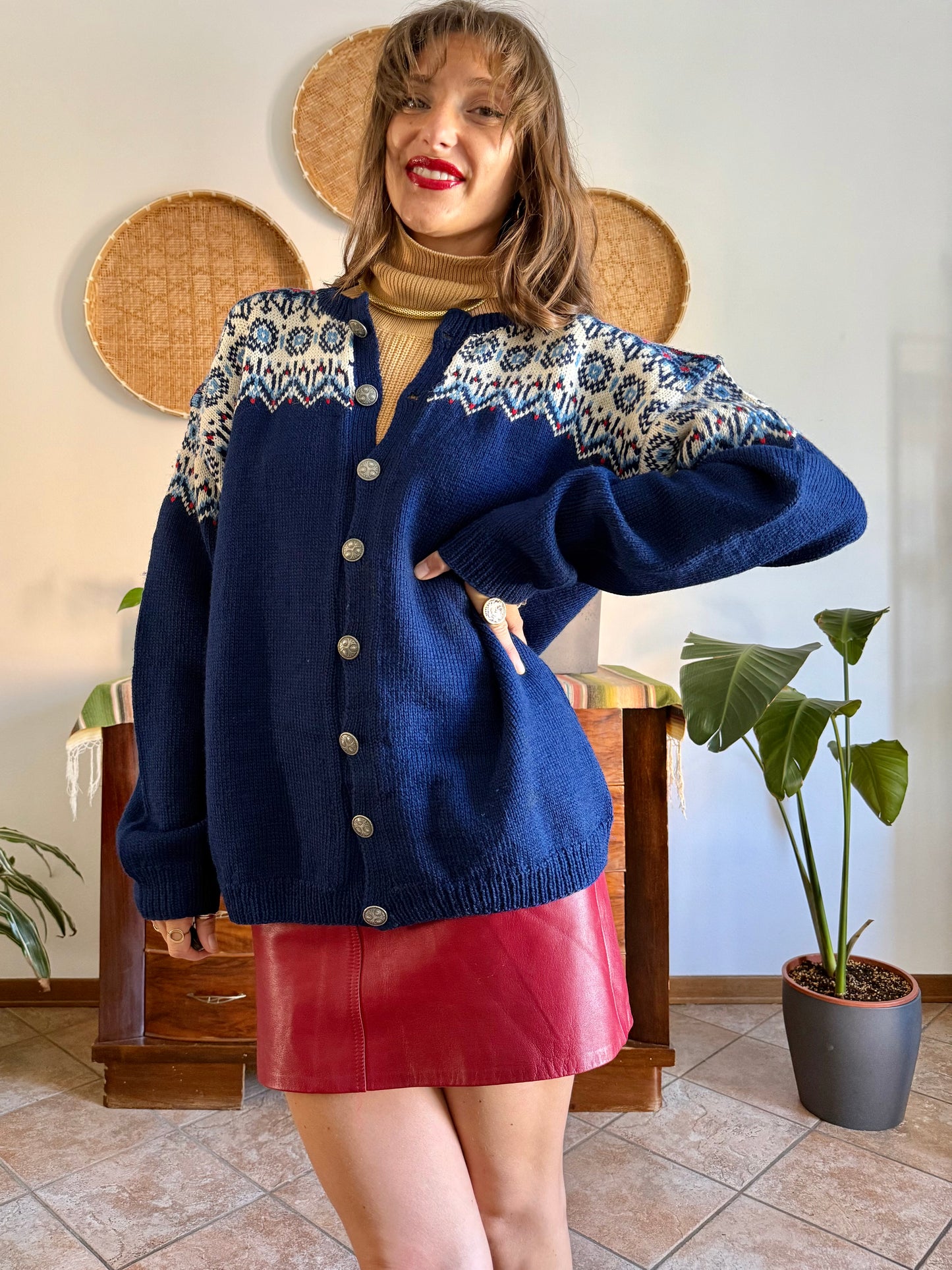 1970's vintage navy blue wool knit cardigan with red and white geometric knit pattern