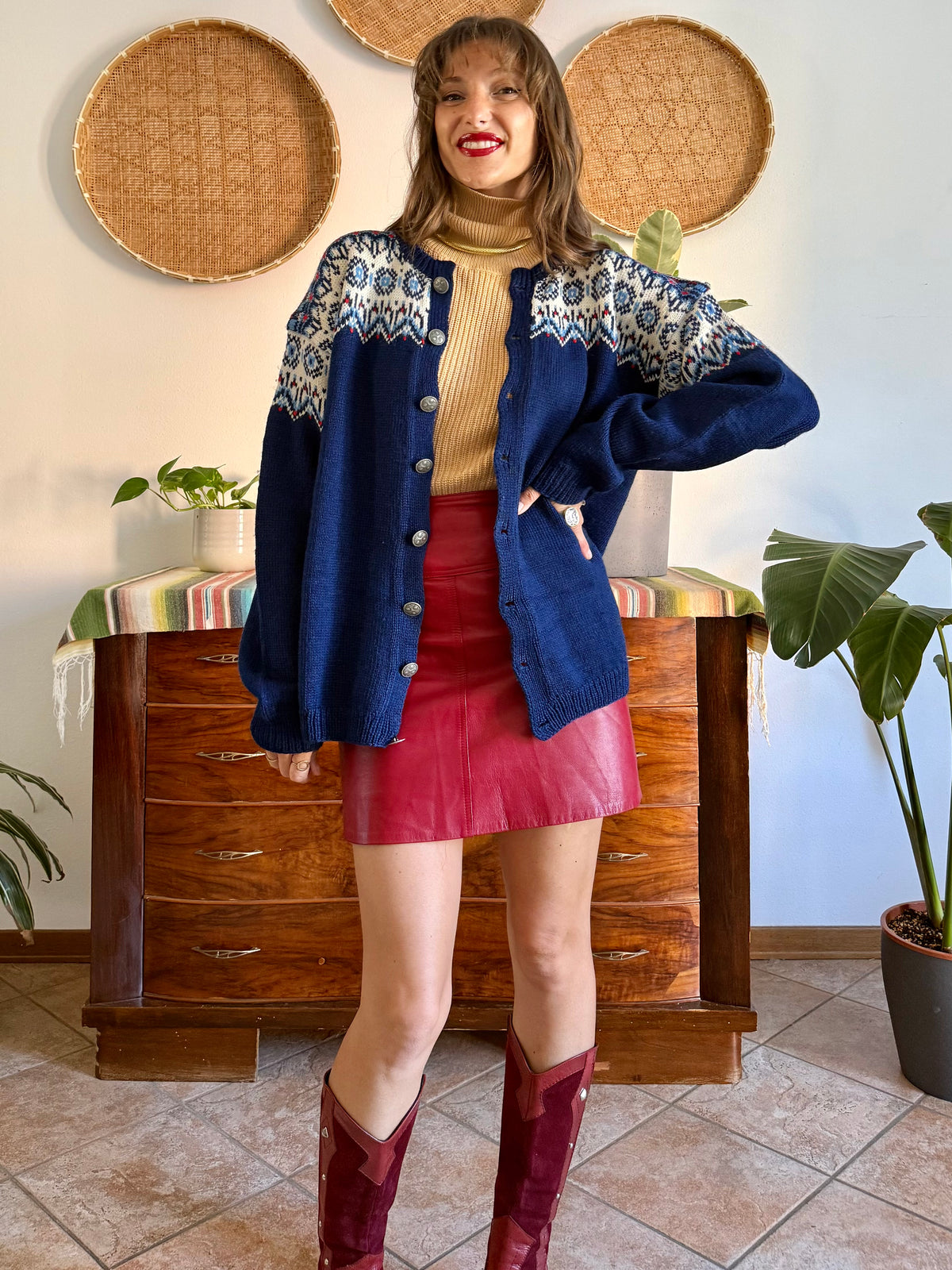 1970's vintage navy blue wool knit cardigan with red and white geometric knit pattern