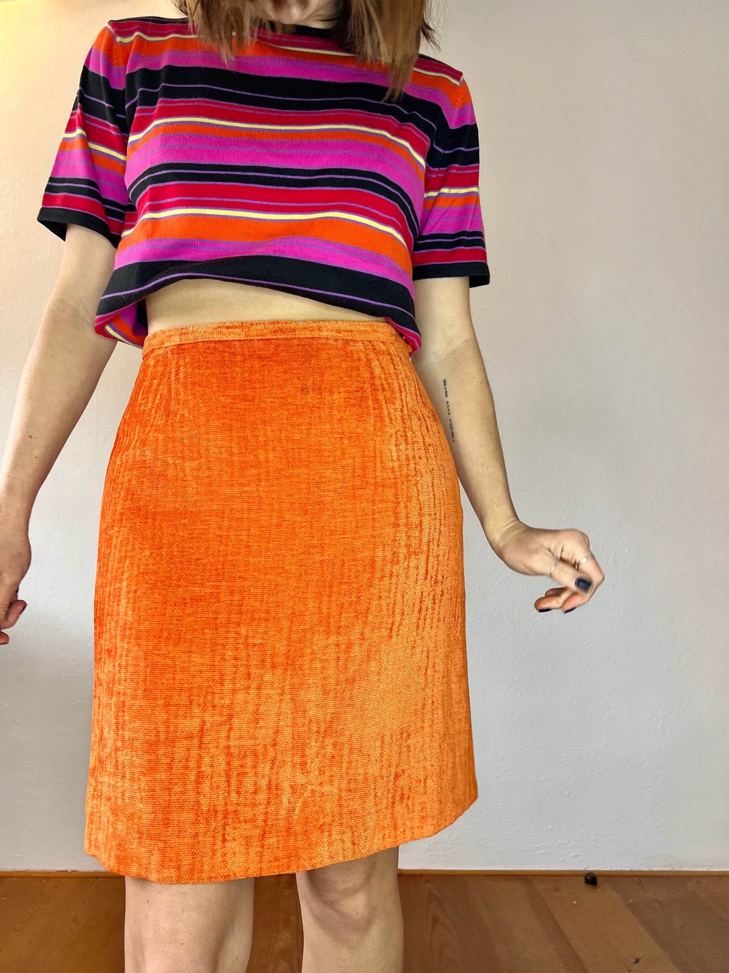 1970's vintage orange chenille mini skirt