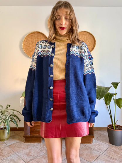 1970's vintage navy blue wool knit cardigan with red and white geometric knit pattern