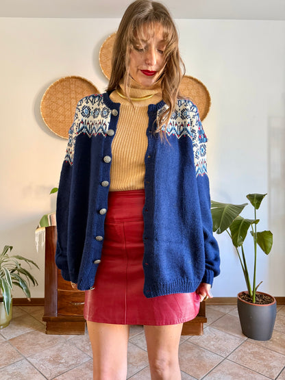 1970's vintage navy blue wool knit cardigan with red and white geometric knit pattern