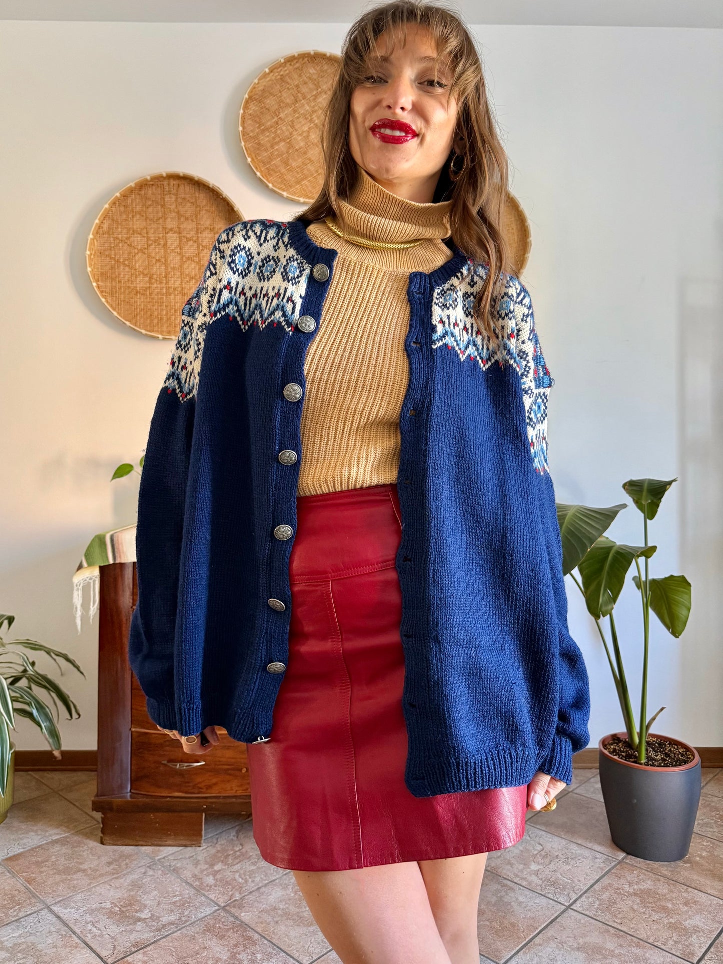 1970's vintage navy blue wool knit cardigan with red and white geometric knit pattern