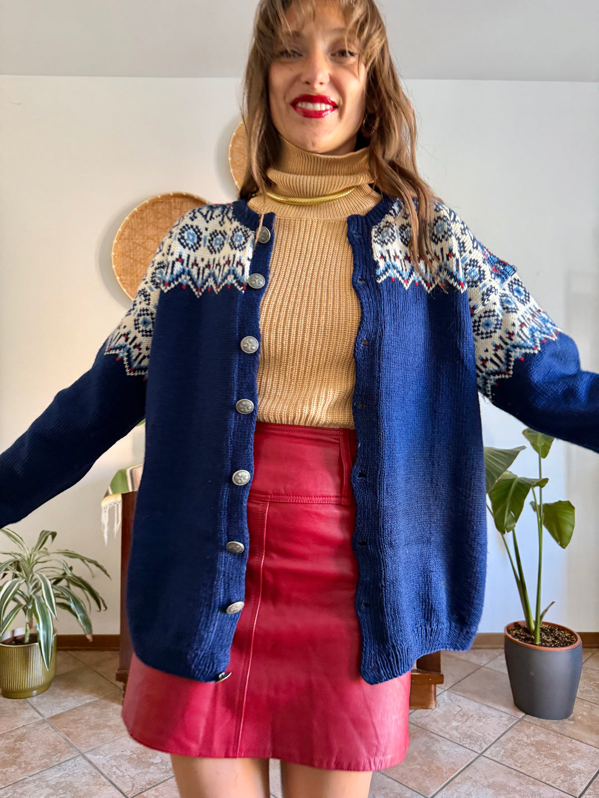 1970's vintage navy blue wool knit cardigan with red and white geometric knit pattern